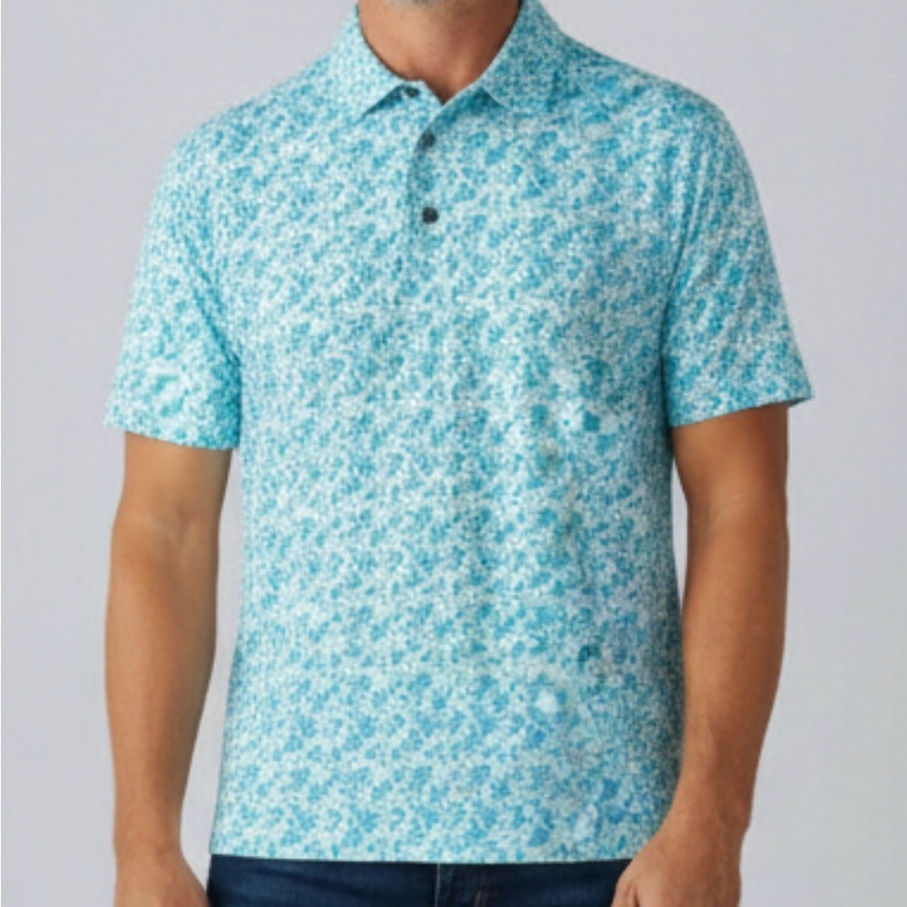 PGA TOUR AQUA WHITE FLORAL PRINT SHORT SLEEVE POLO GOLF SHIRT MENS SZ MEDIUM